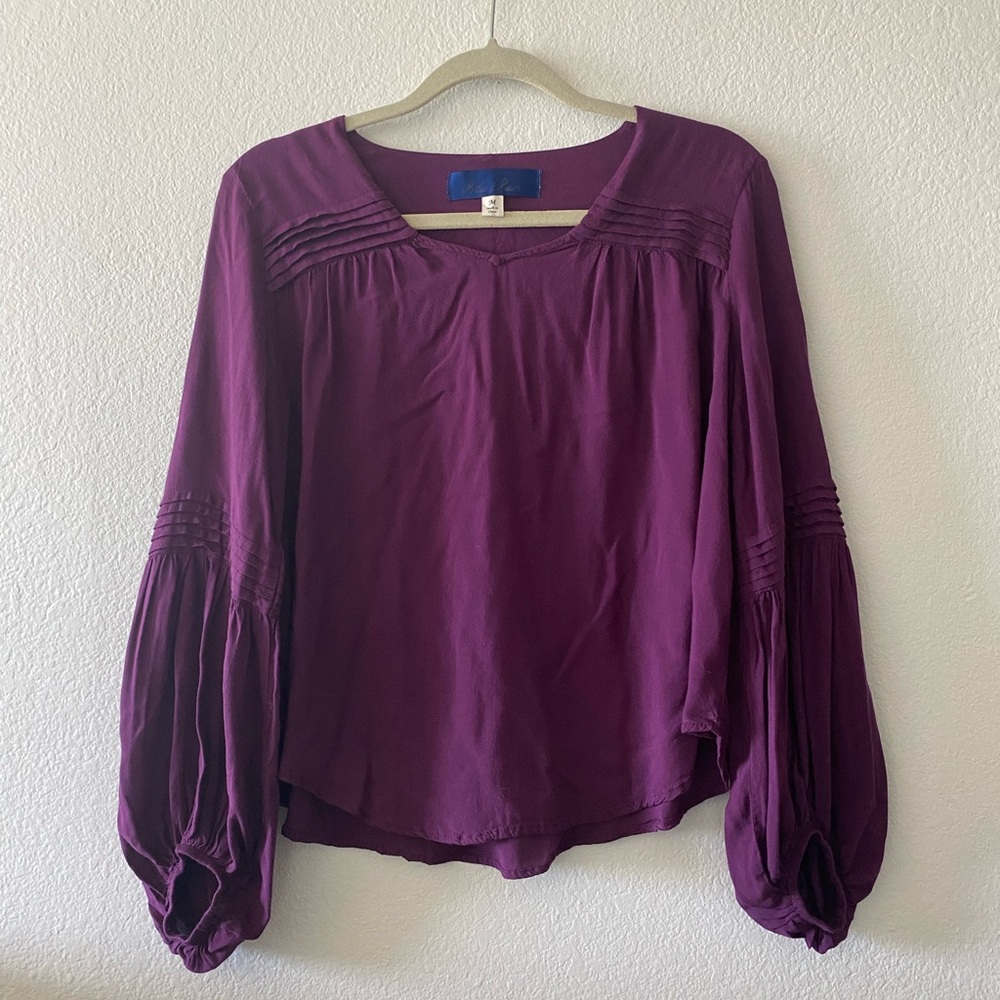 Blue Rain, Plum Ribbed Puffy Long Sleeve Blouse